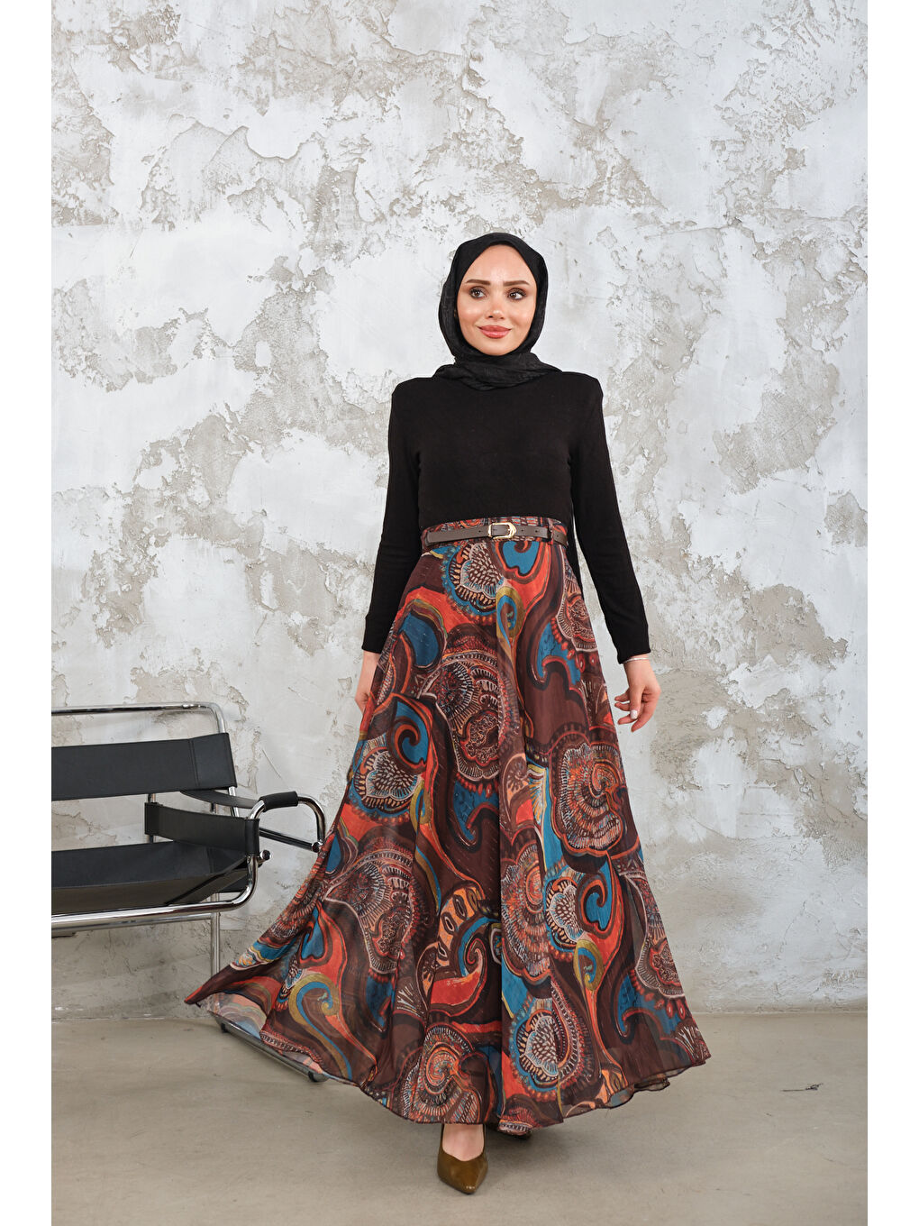 Kadın Kemerli Şifon Etek Kahverengi-2