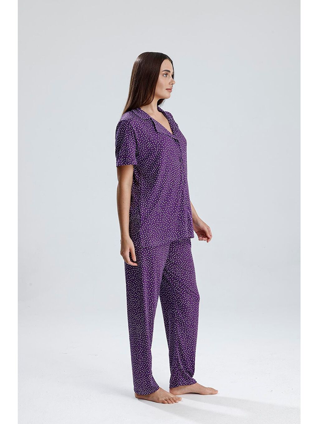 Kadın Puantiye Desen Önden Düğmeli Pijama Takım | Mor-3