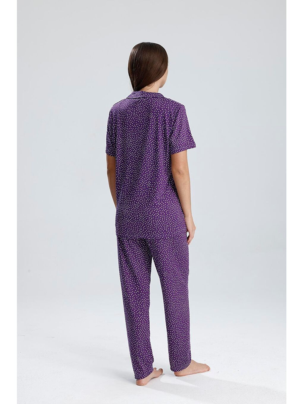 Kadın Puantiye Desen Önden Düğmeli Pijama Takım | Mor-4