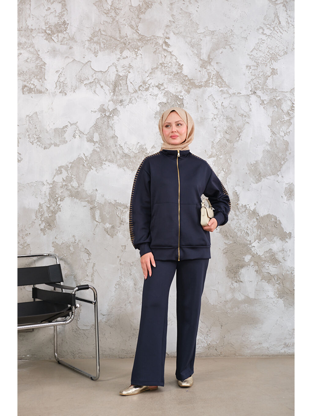 Kadın Omuz Gold Drop Detay Önü Cepli Fermuar Detay Takım Lacivert-4