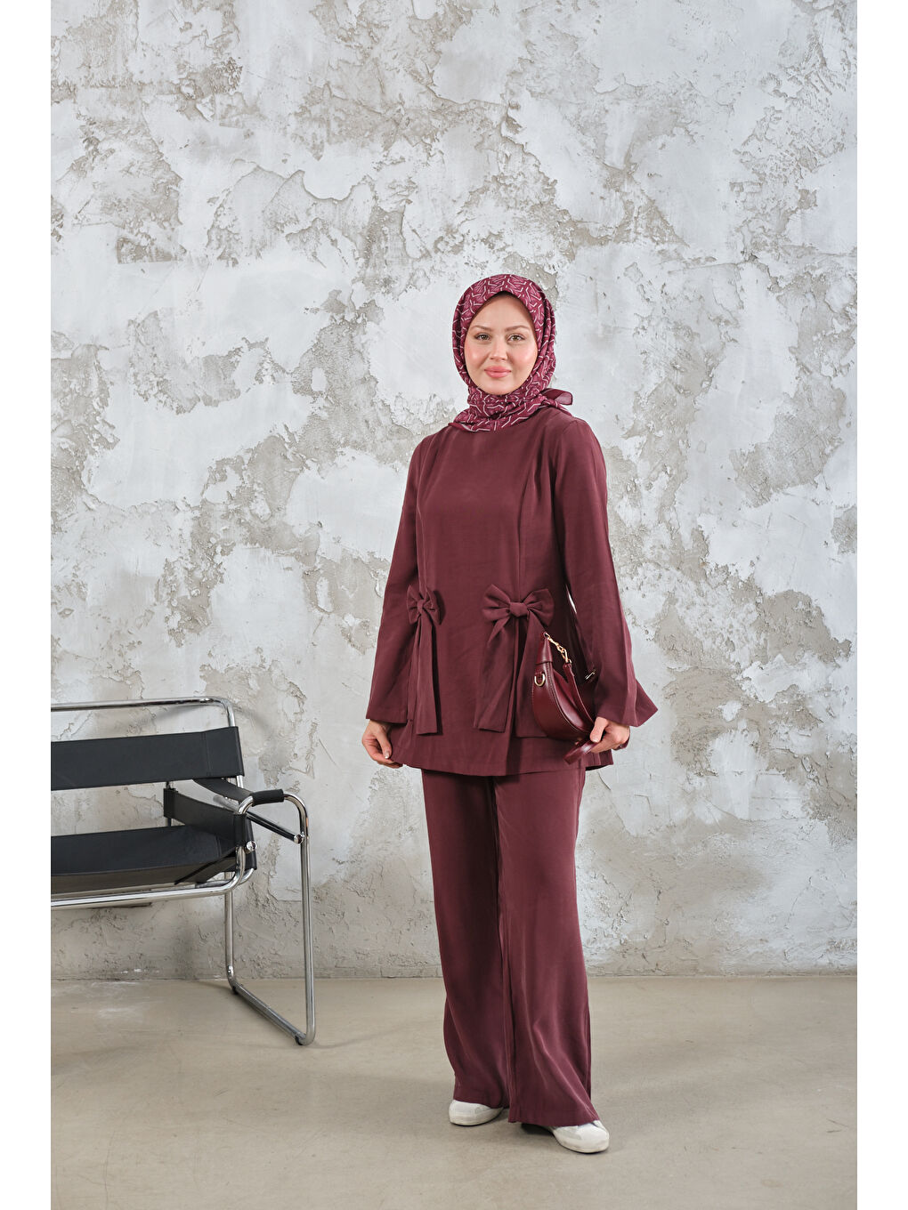 Kadın Bisiklet Yaka Kurdele Detay Modal Takım Bordo-1