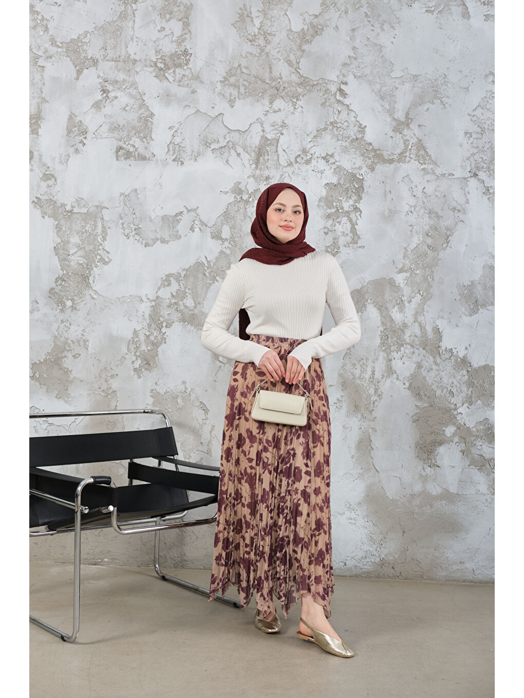 Kadın Asimetrik Şifon Etek Mürdüm-4