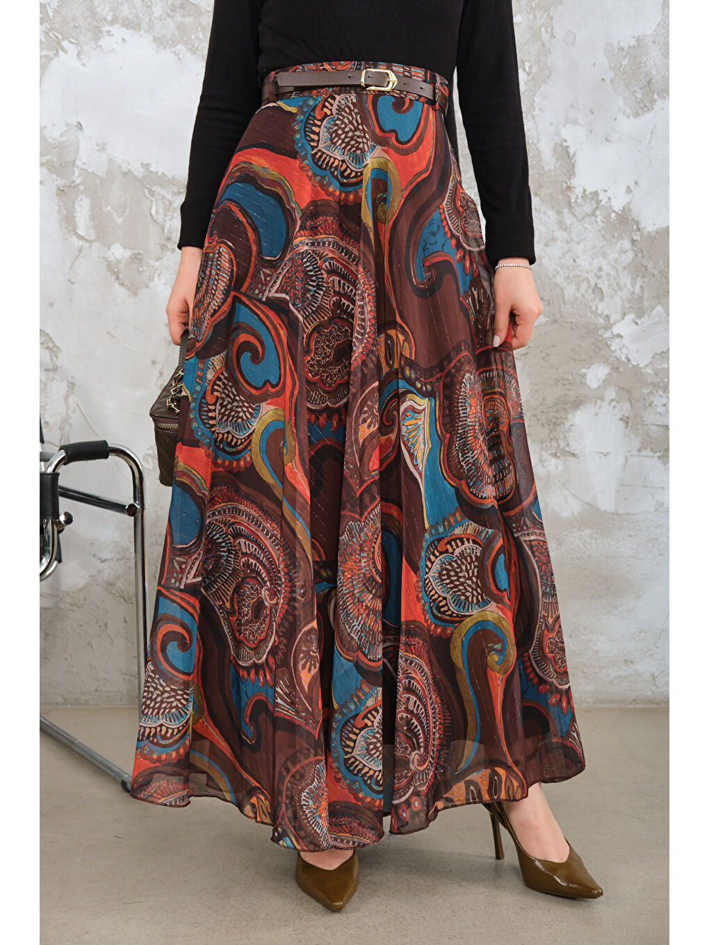 Kadın Kemerli Şifon Etek Kahverengi-3