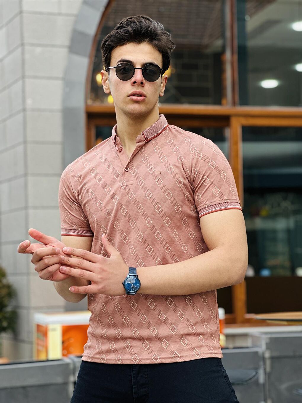 Baklava Baskılı Polo Yaka Kısa Kollu Tişört 41206-Pembe