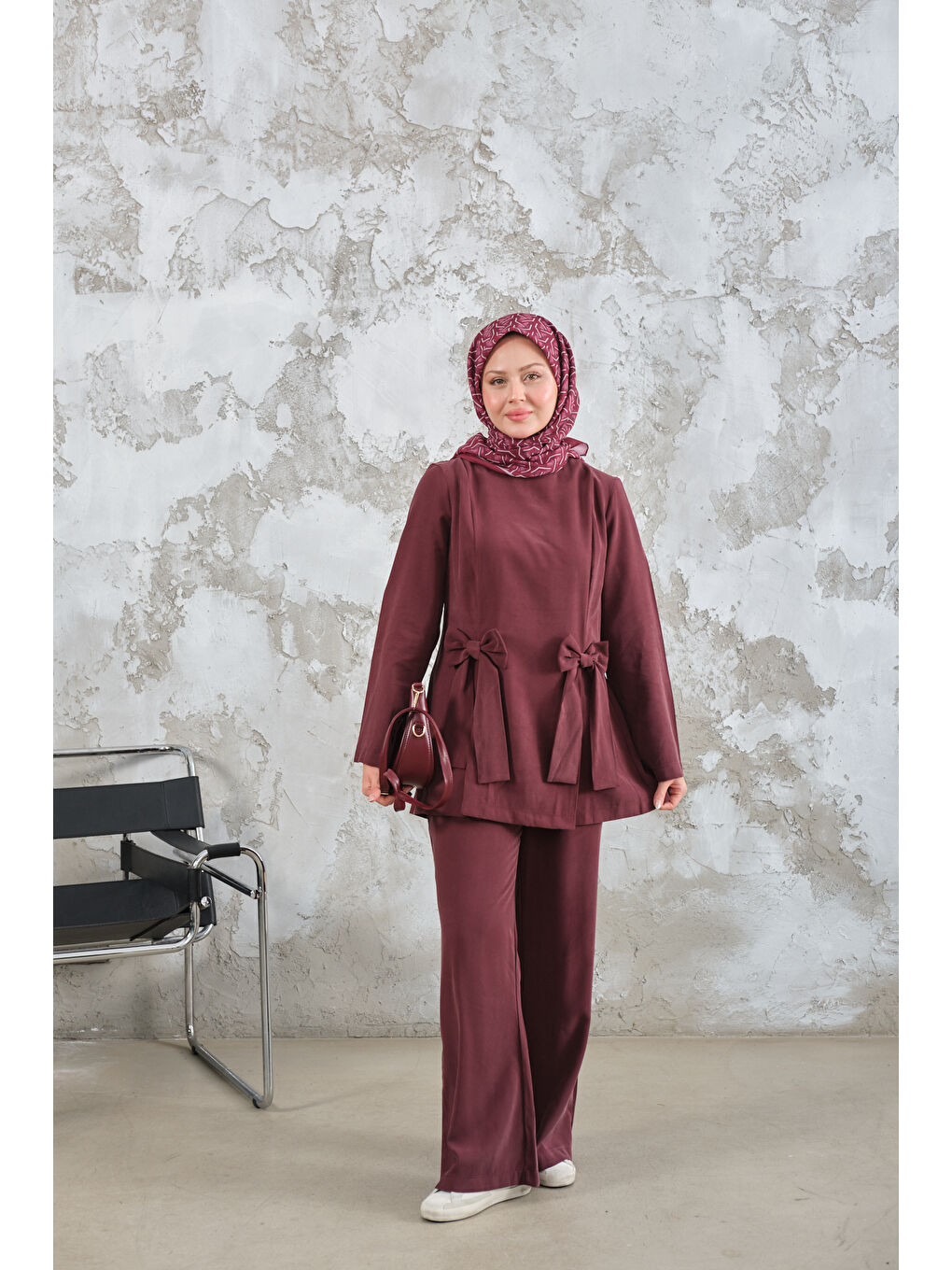 Kadın Bisiklet Yaka Kurdele Detay Modal Takım Bordo-2