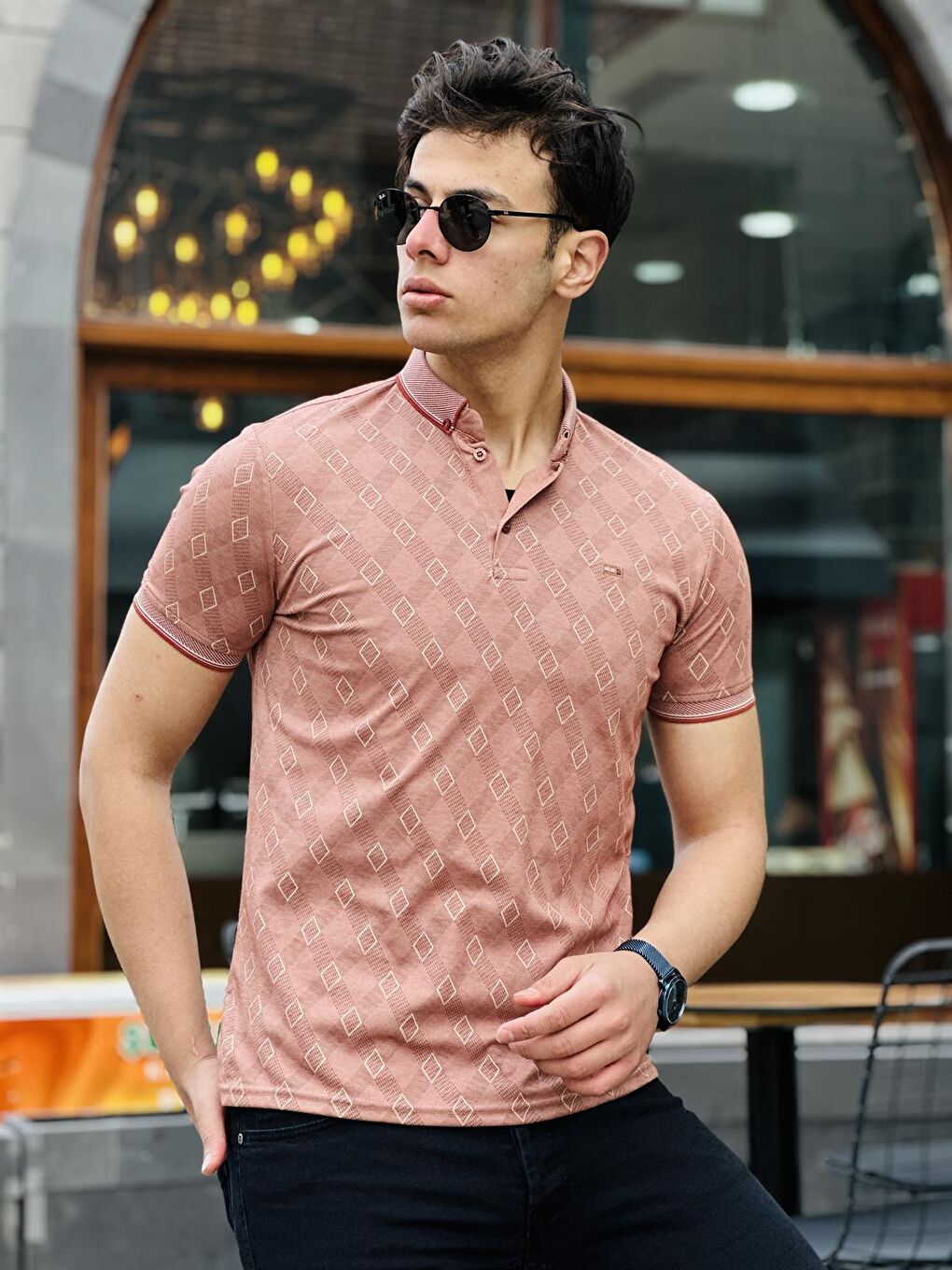 Baklava Baskılı Polo Yaka Kısa Kollu Tişört 41206-Pembe-1