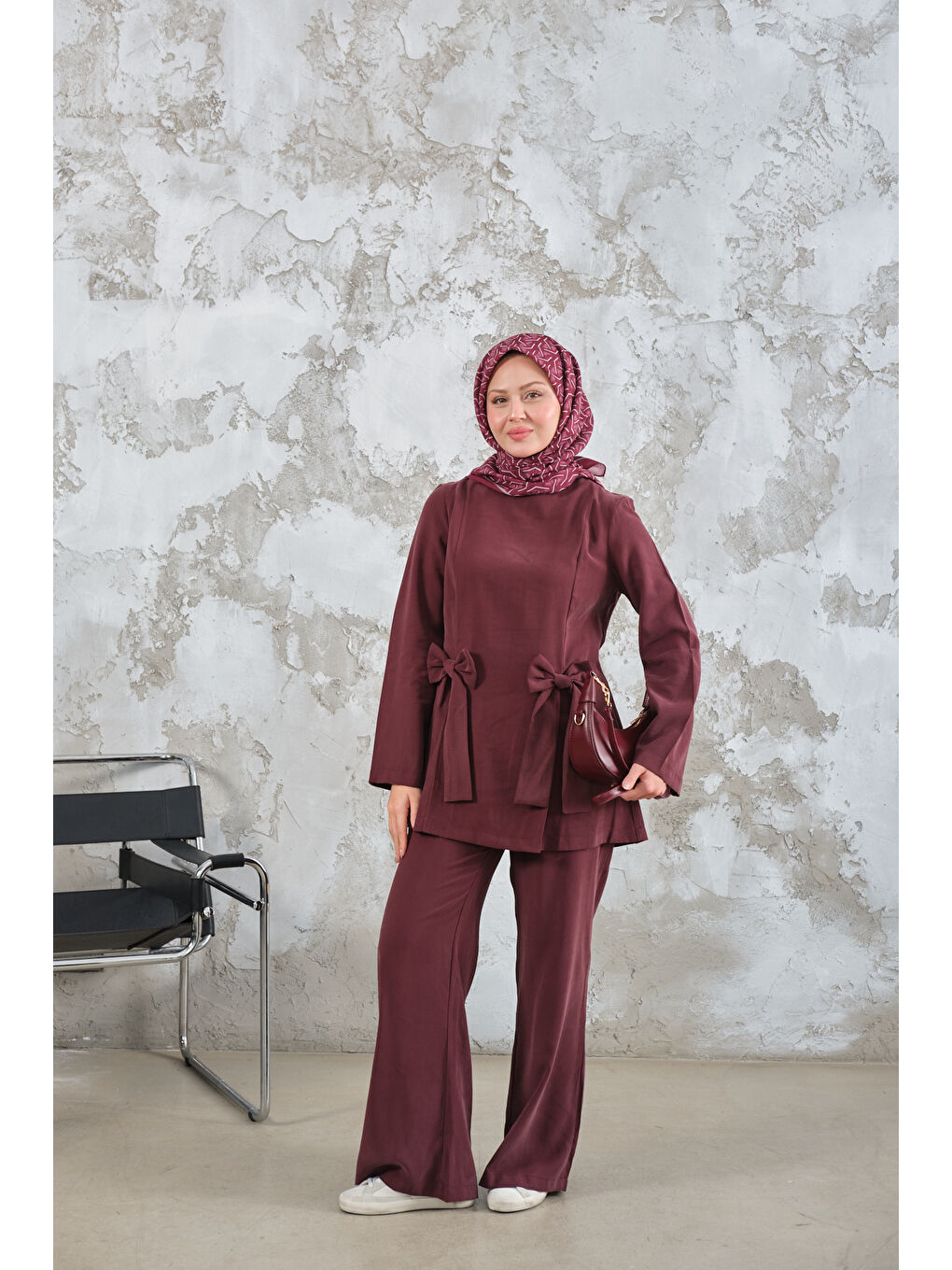 Kadın Bisiklet Yaka Kurdele Detay Modal Takım Bordo-3