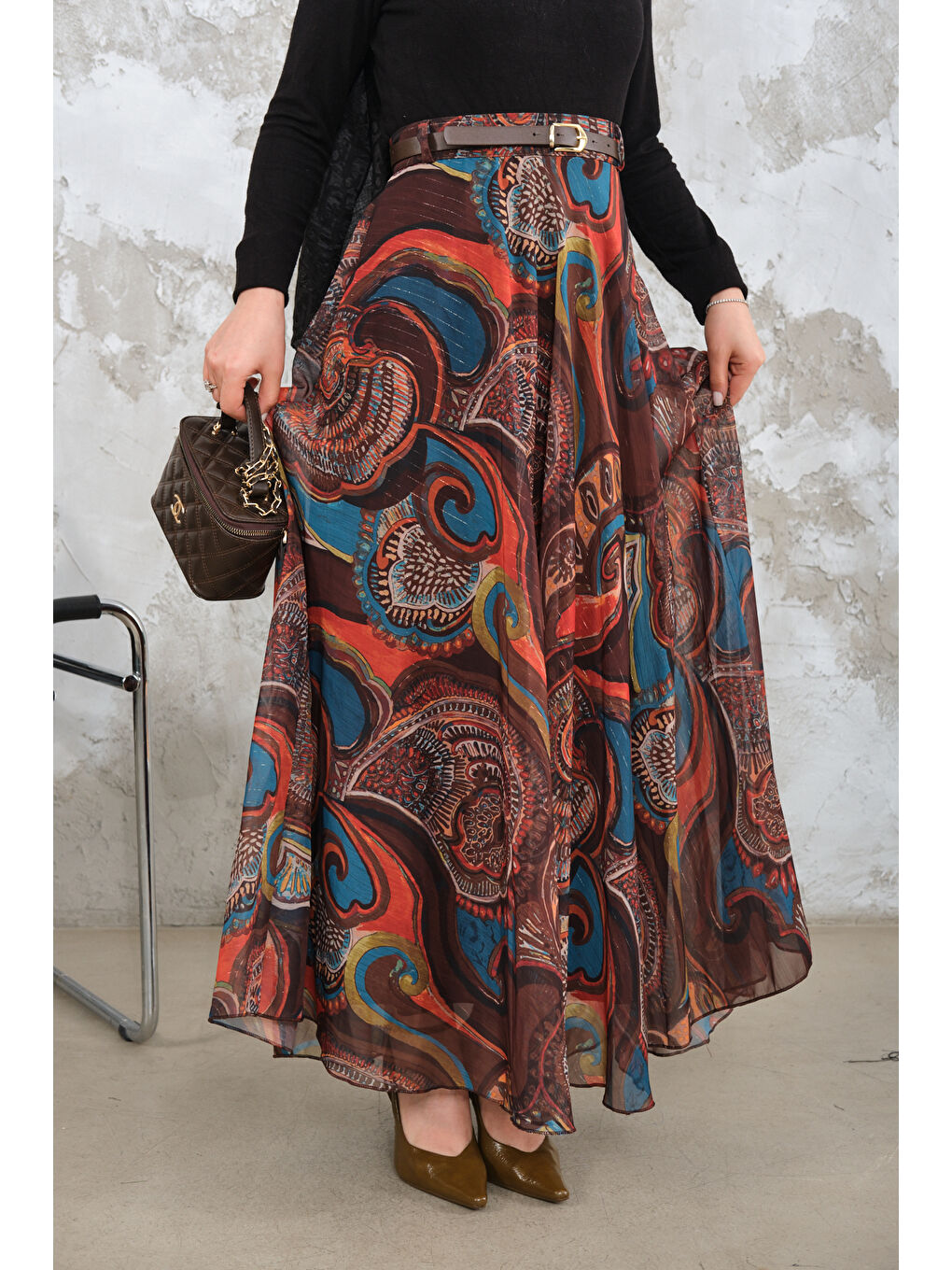 Kadın Kemerli Şifon Etek Kahverengi-4