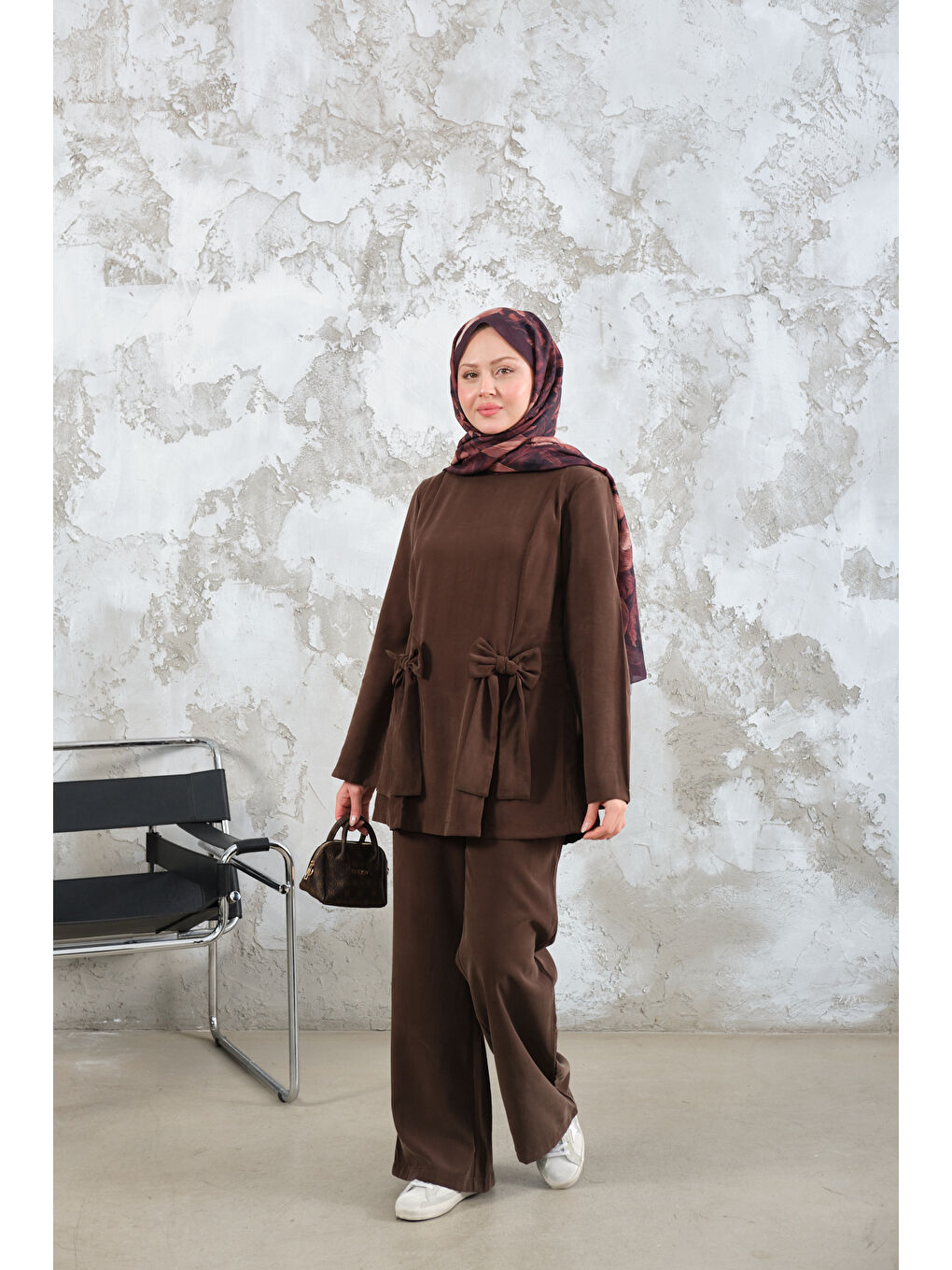 Kadın Bisiklet Yaka Kurdele Detay Modal Takım Kahverengi-1