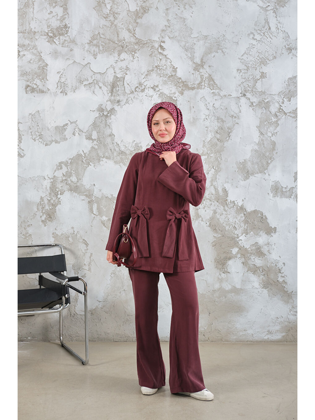 Kadın Bisiklet Yaka Kurdele Detay Modal Takım Bordo-4