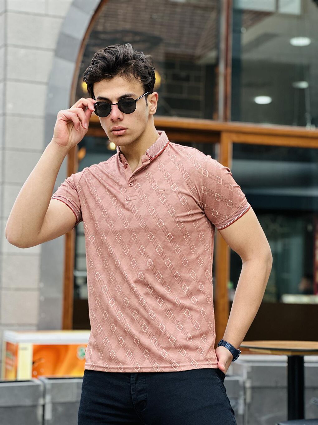 Baklava Baskılı Polo Yaka Kısa Kollu Tişört 41206-Pembe-2