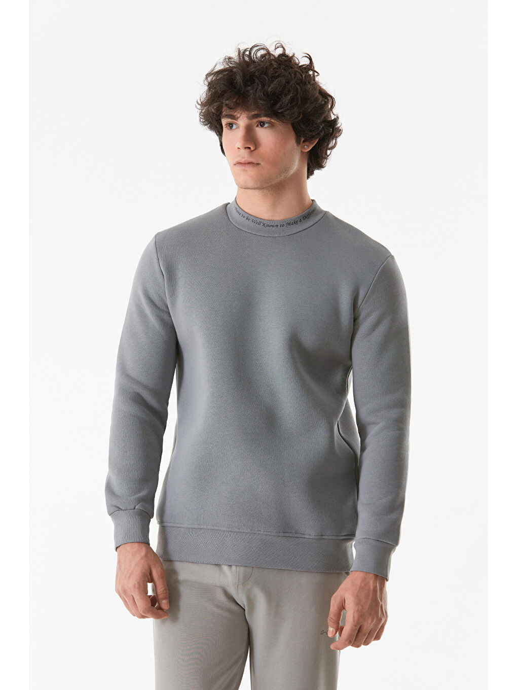 Fullamoda Gri Yazı Baskılı Dik Yaka Sweatshirt - 3