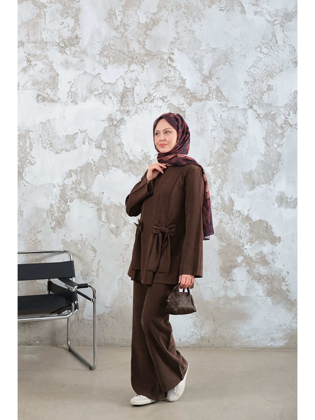 Kadın Bisiklet Yaka Kurdele Detay Modal Takım Kahverengi-3