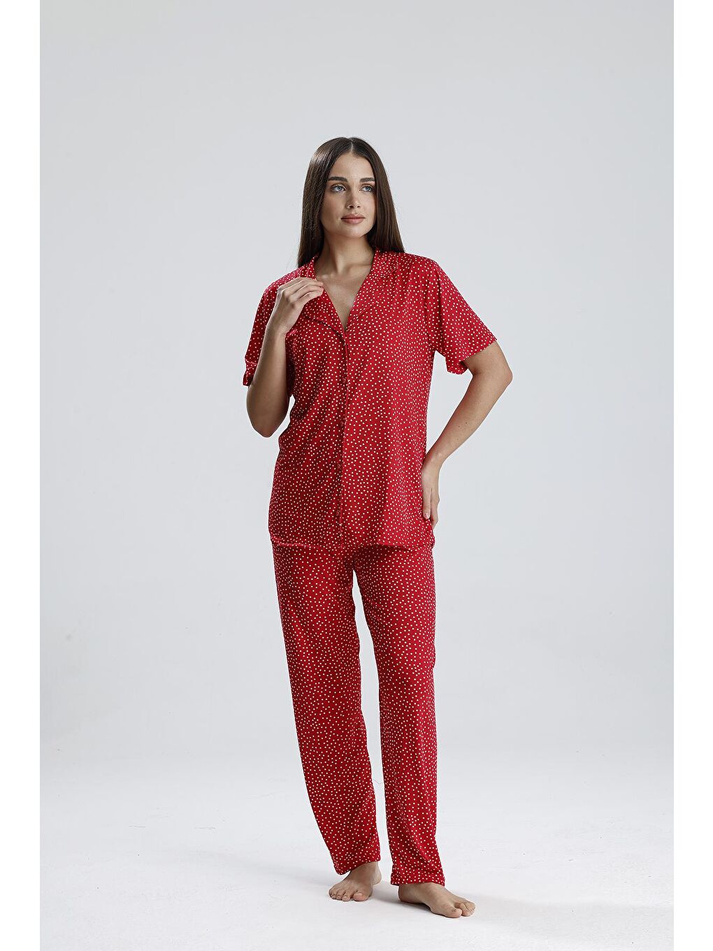 Kadın Puantiye Desen Önden Düğmeli Pijama Takım | Kırmızı