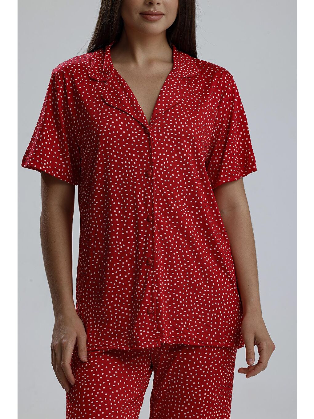 Kadın Puantiye Desen Önden Düğmeli Pijama Takım | Kırmızı-1