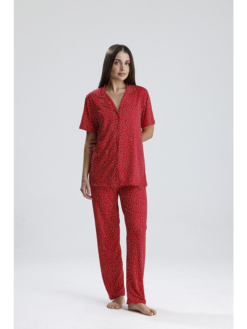 Kadın Puantiye Desen Önden Düğmeli Pijama Takım | Kırmızı-2