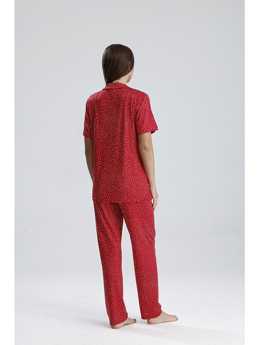 Kadın Puantiye Desen Önden Düğmeli Pijama Takım | Kırmızı-4