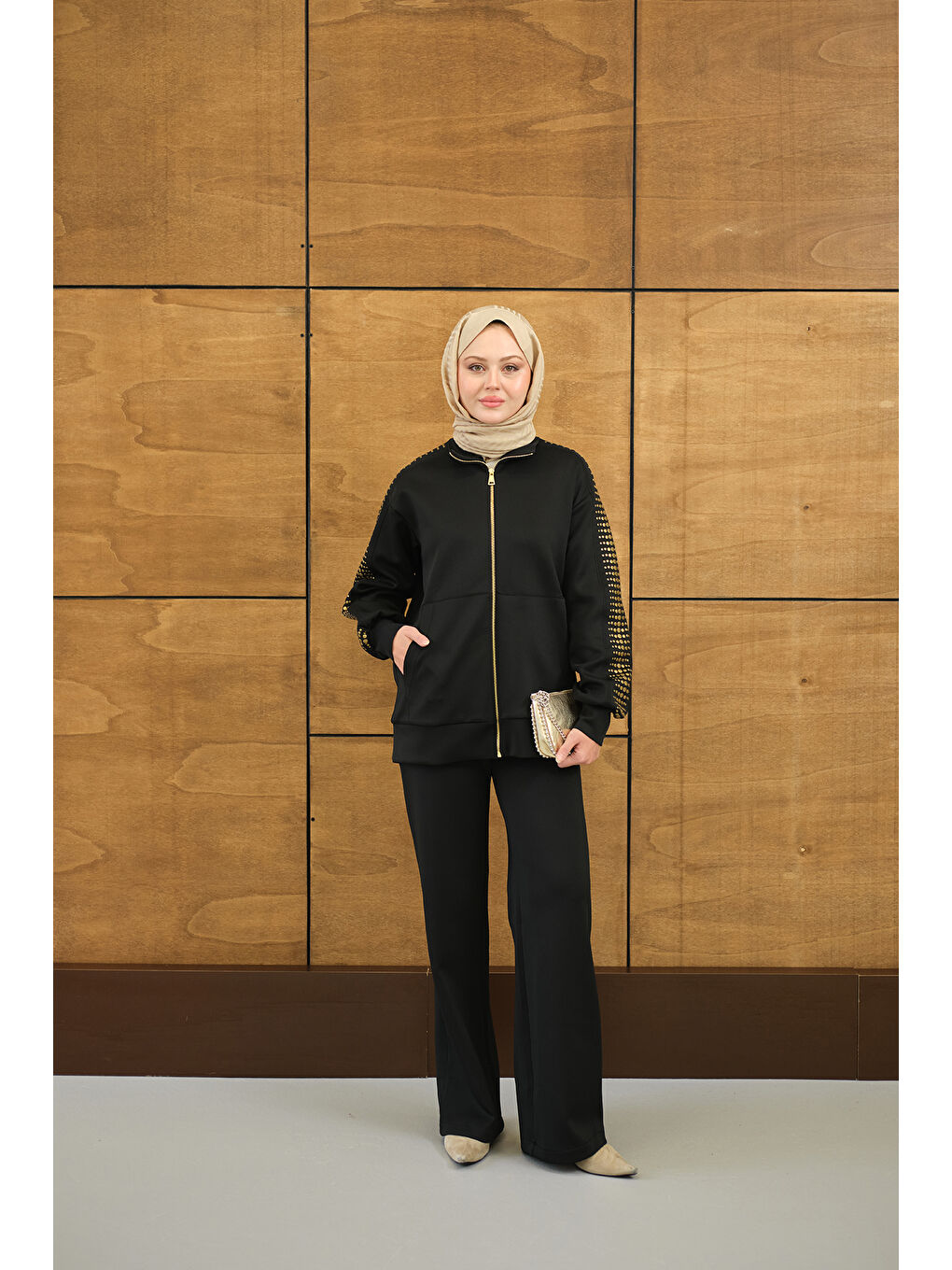 Kadın Omuz Gold Drop Detay Önü Cepli Fermuar Detay Takım Siyah-1