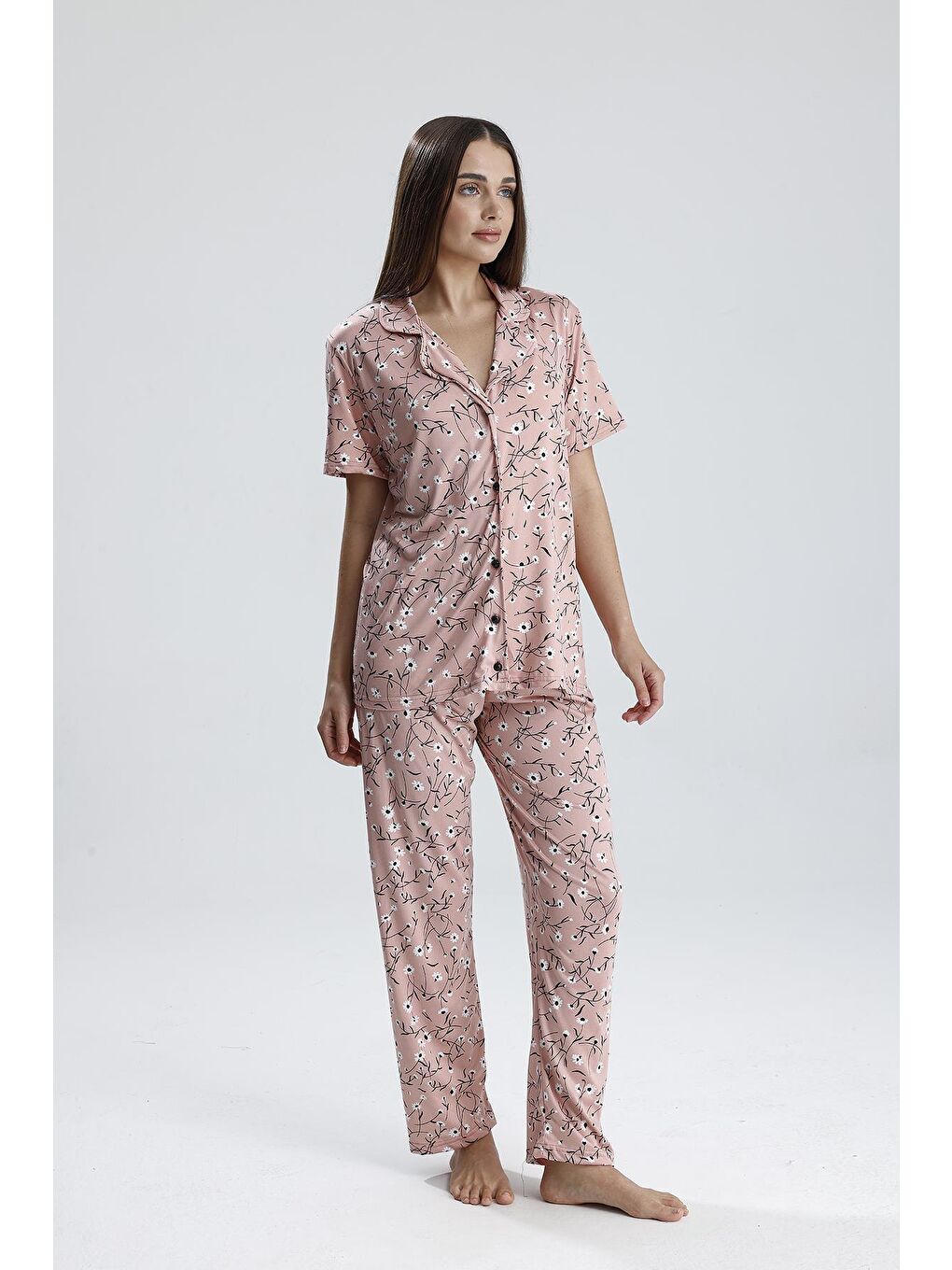 Kadın Çiçek Desen Önden Düğmeli Pijama Takım | Pembe