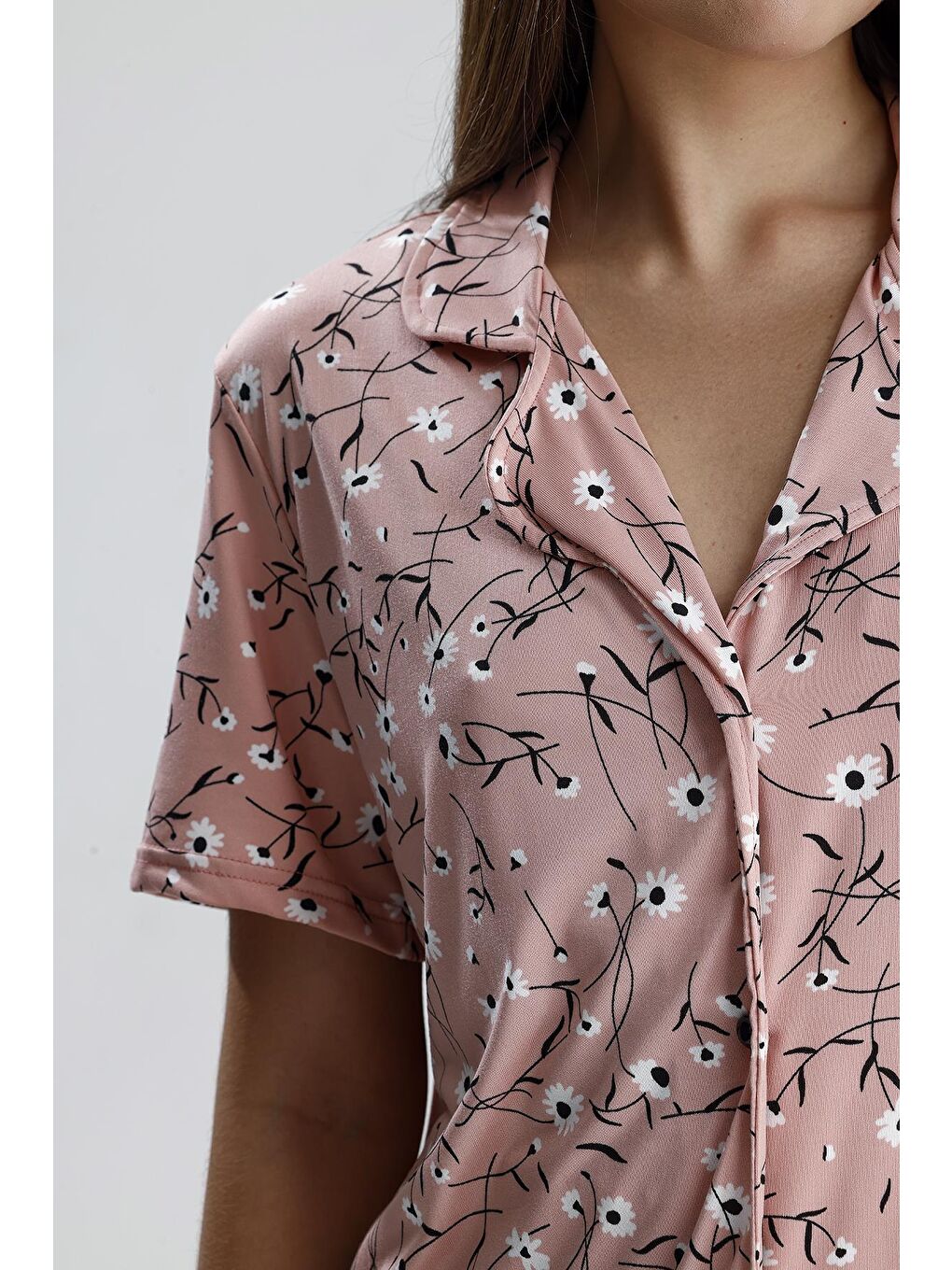 Kadın Çiçek Desen Önden Düğmeli Pijama Takım | Pembe-1