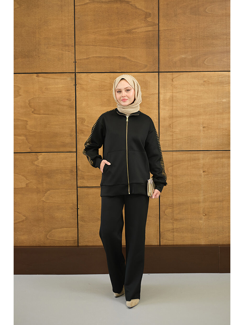 Kadın Omuz Gold Drop Detay Önü Cepli Fermuar Detay Takım Siyah-2
