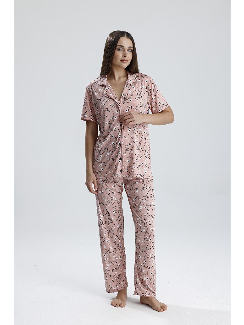 Kadın Çiçek Desen Önden Düğmeli Pijama Takım | Pembe-2