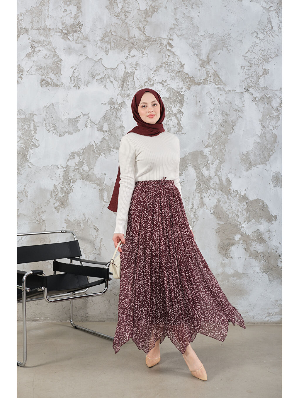 Kadın Asimetrik Şifon Etek Bordo-1