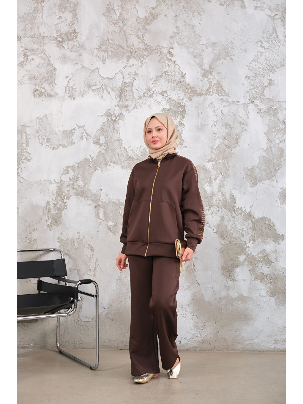 Kadın Omuz Gold Drop Detay Önü Cepli Fermuar Detay Takım Kahverengi-2