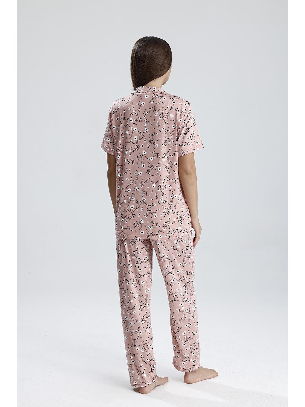 Kadın Çiçek Desen Önden Düğmeli Pijama Takım | Pembe-4