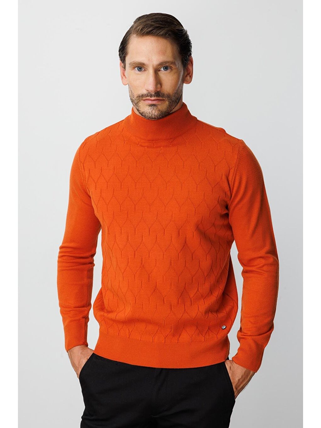 Turuncu Dar Kalıp Yarım Balıkçı Düz Uzun Kollu Triko-3