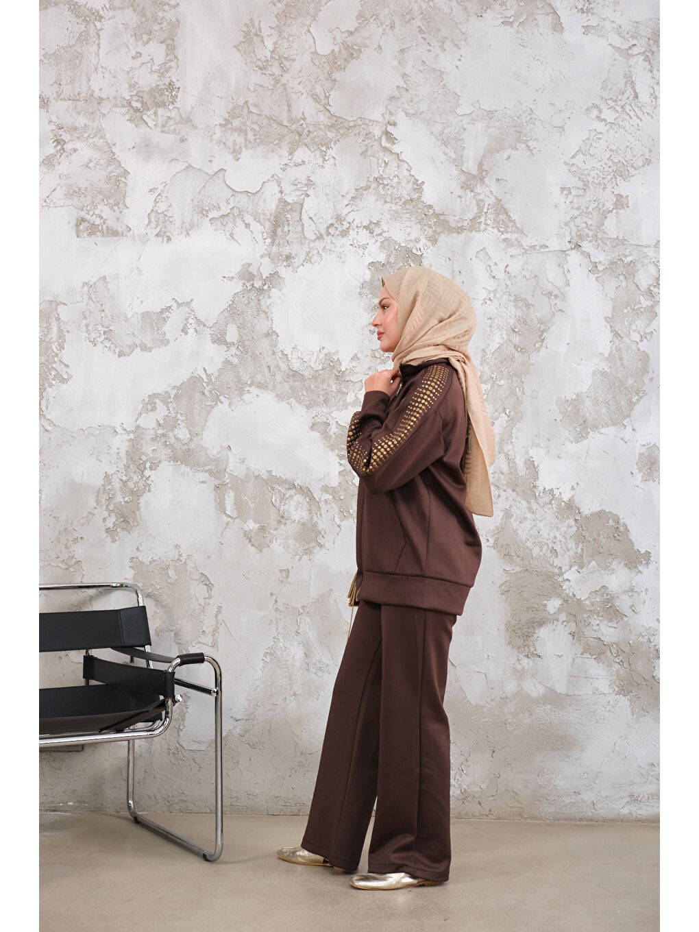 Kadın Omuz Gold Drop Detay Önü Cepli Fermuar Detay Takım Kahverengi-3