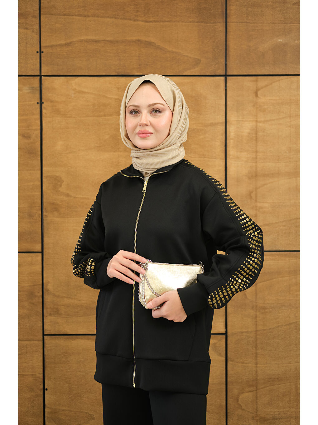 Kadın Omuz Gold Drop Detay Önü Cepli Fermuar Detay Takım Siyah-3