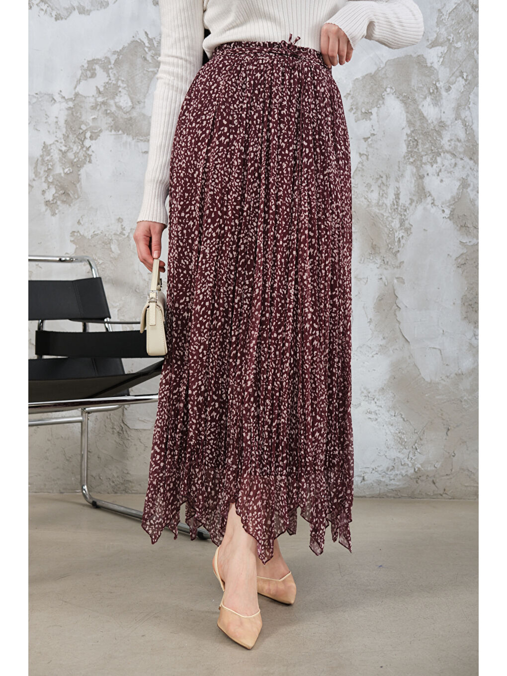 Kadın Asimetrik Şifon Etek Bordo-2