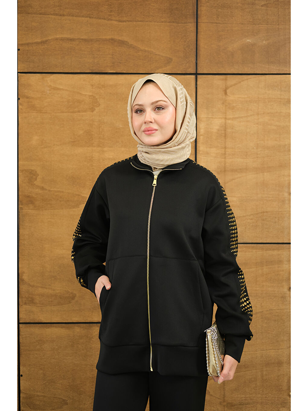 Kadın Omuz Gold Drop Detay Önü Cepli Fermuar Detay Takım Siyah-4