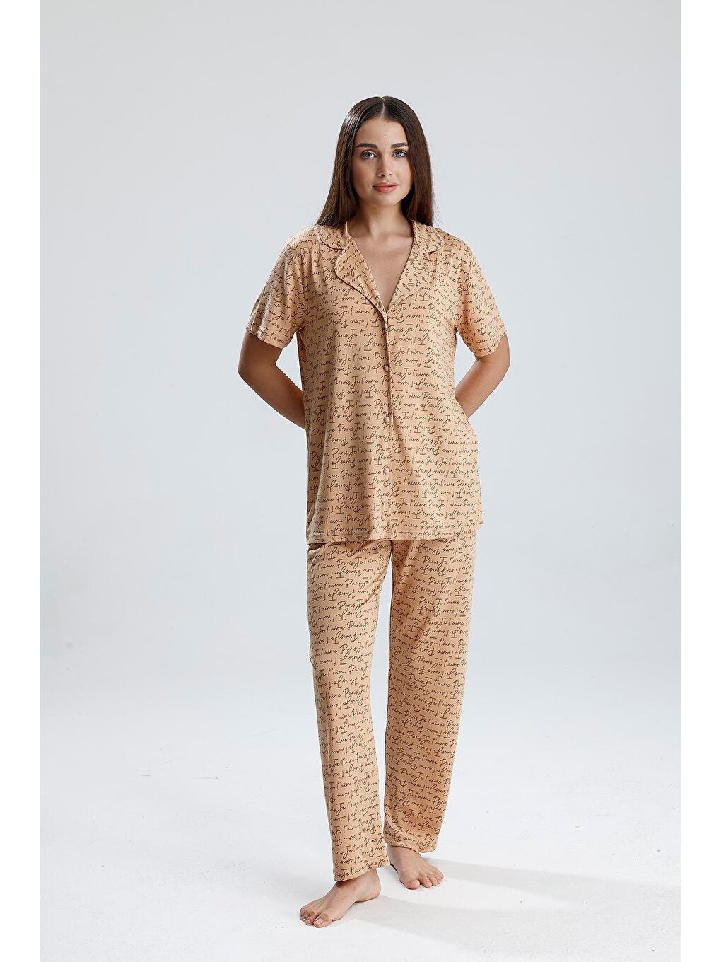 Bej Kadın Önden Düğmeli Pijama Takım | Latte Paris