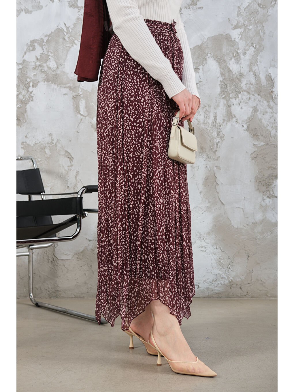 Kadın Asimetrik Şifon Etek Bordo-3