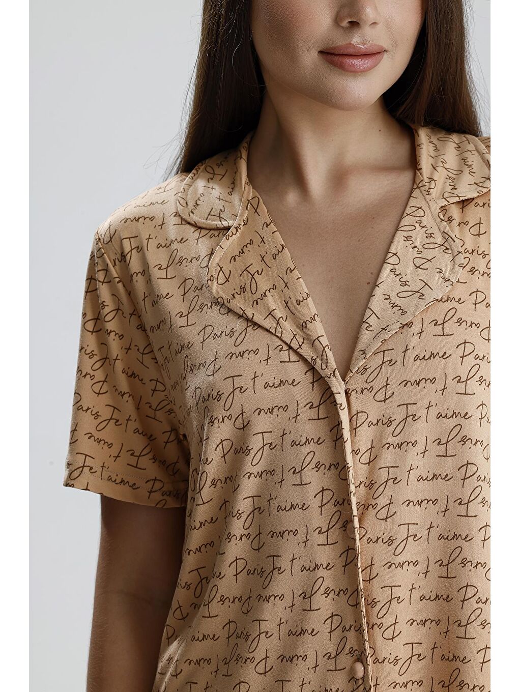 Bej Kadın Önden Düğmeli Pijama Takım | Latte Paris-1