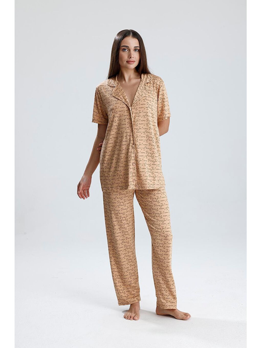 Bej Kadın Önden Düğmeli Pijama Takım | Latte Paris-2