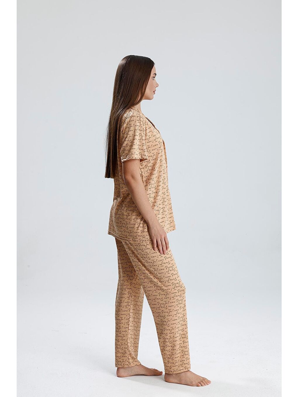 Bej Kadın Önden Düğmeli Pijama Takım | Latte Paris-3