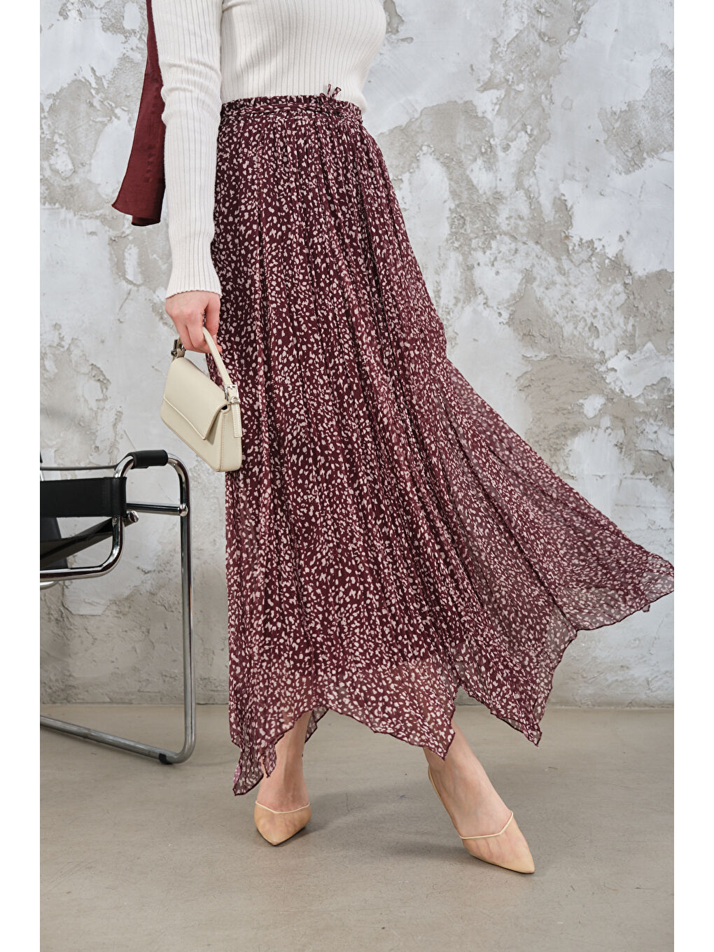 Kadın Asimetrik Şifon Etek Bordo-4