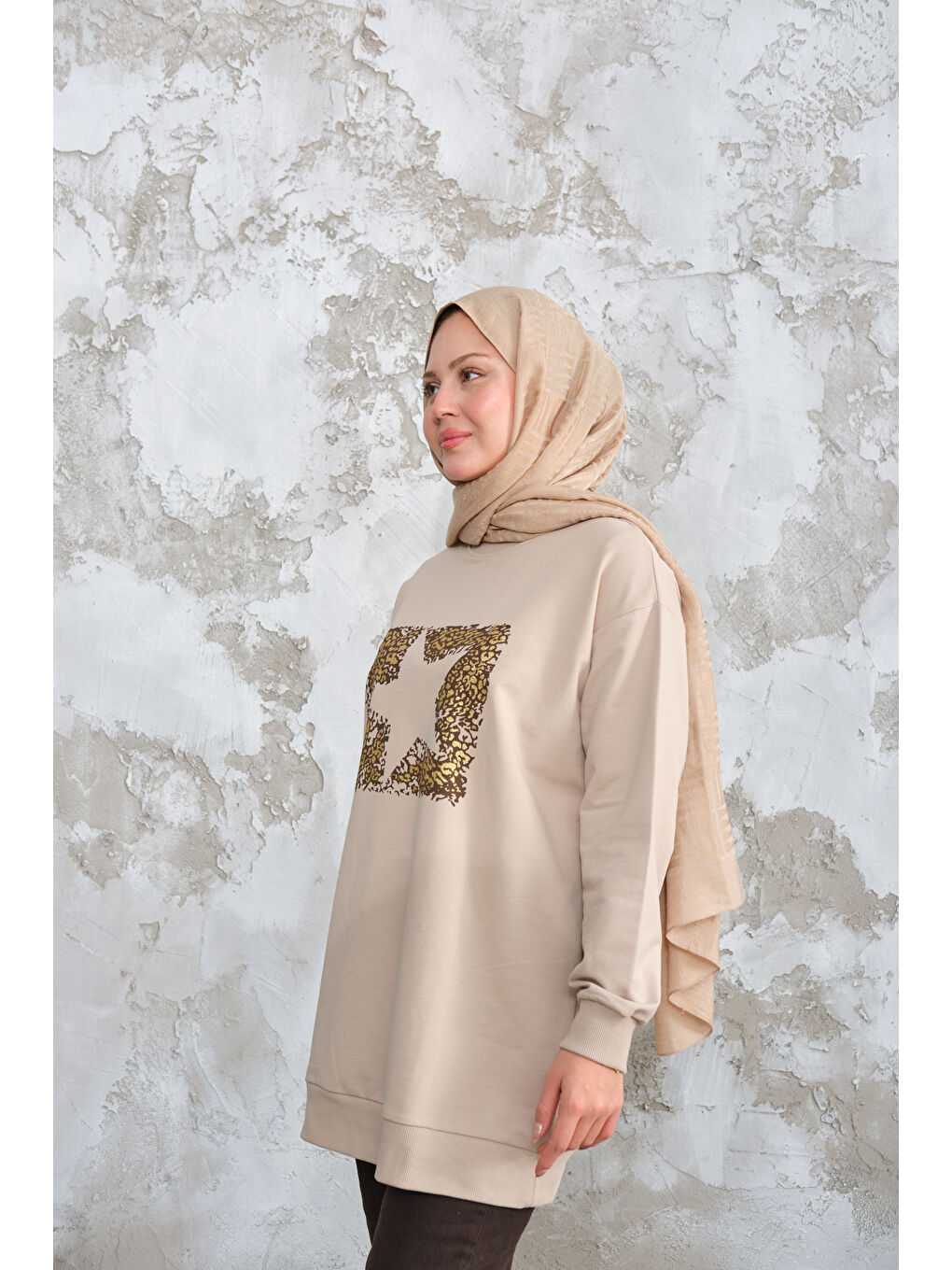 Bej Kadın Yıldız Baskılı Sweat Taş-2