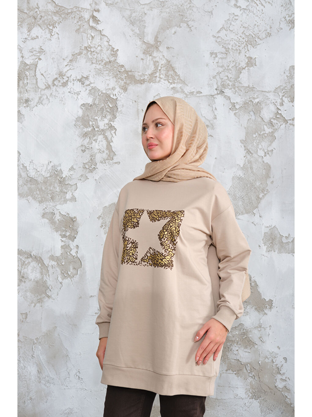 Bej Kadın Yıldız Baskılı Sweat Taş-3