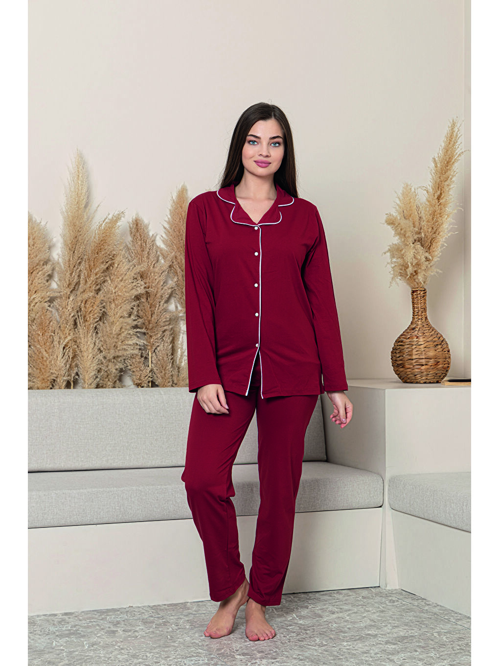 Kadın Bordo %100 Pamuk Biyeli Yüksek Kaliteli Gömlek Yaka Düğmeli Uzun Kollu Pijama Takımı