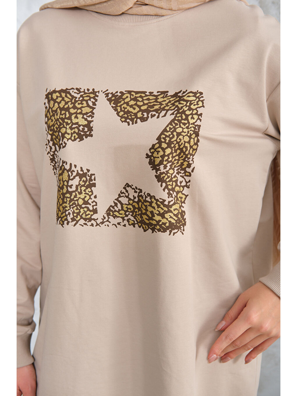 Bej Kadın Yıldız Baskılı Sweat Taş-4