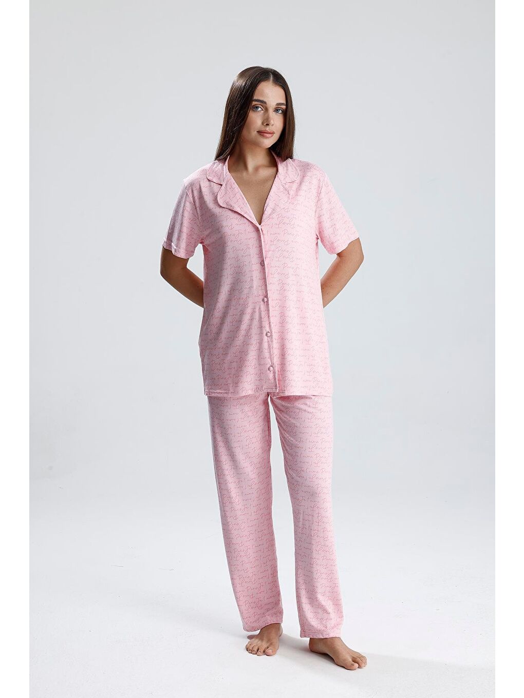 Kadın Önden Düğmeli  Pijama Takım | Pembe Paris