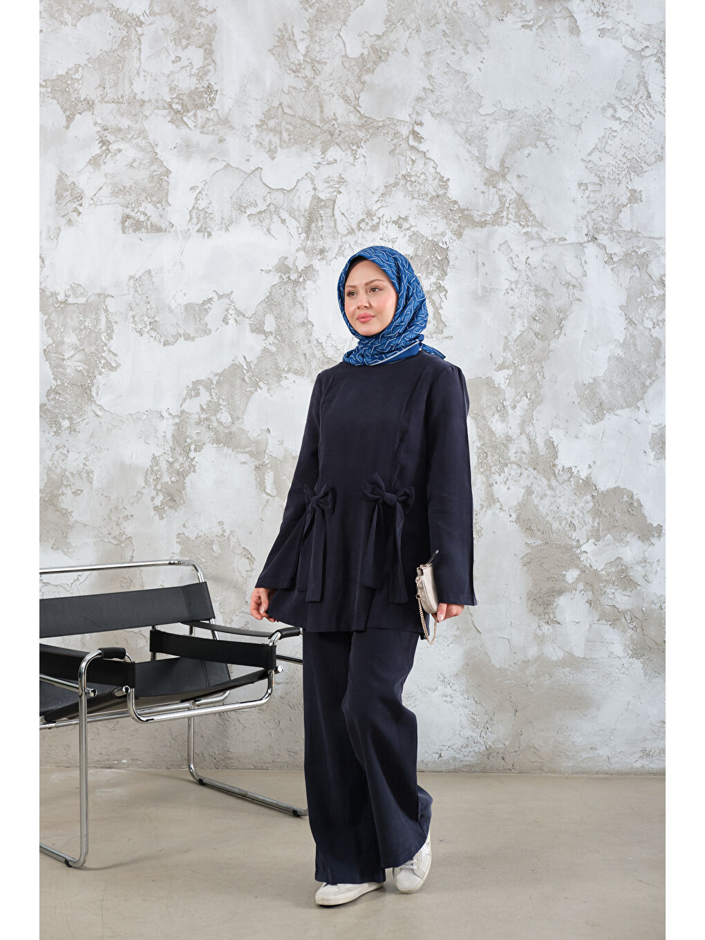Kadın Bisiklet Yaka Kurdele Detay Modal Takım Lacivert-1