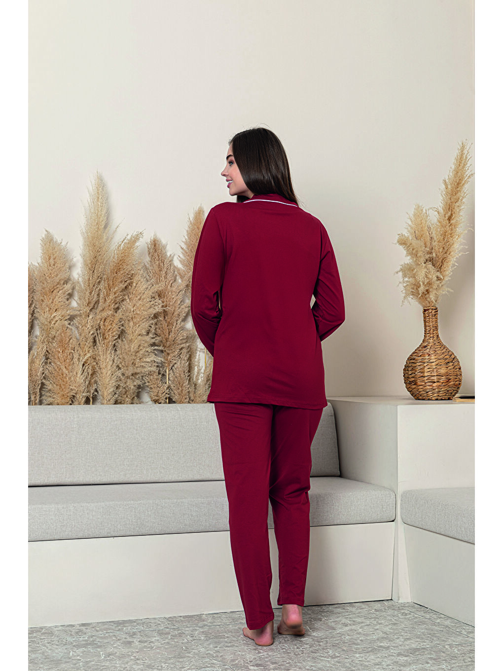 Kadın Bordo %100 Pamuk Biyeli Yüksek Kaliteli Gömlek Yaka Düğmeli Uzun Kollu Pijama Takımı-1