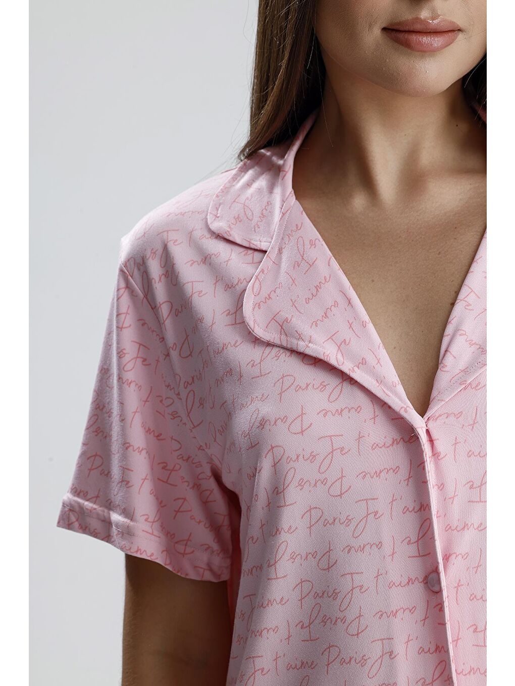 Kadın Önden Düğmeli  Pijama Takım | Pembe Paris-1