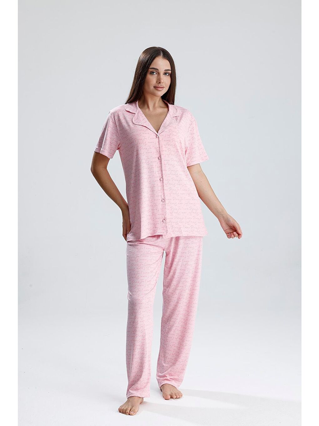 Kadın Önden Düğmeli  Pijama Takım | Pembe Paris-2