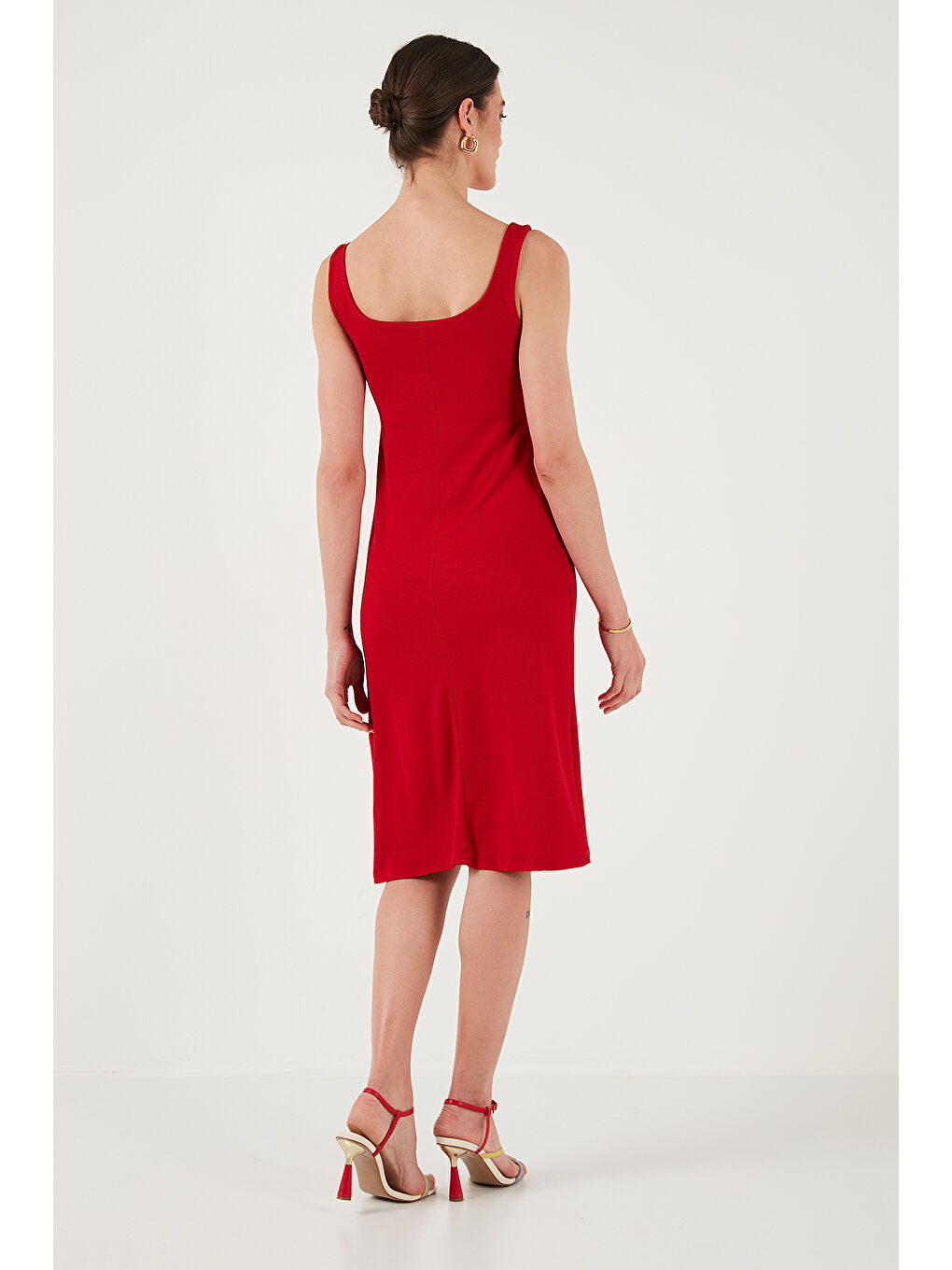 Kırmızı Streç Slim Fit Kare Yaka Kalın Askılı Midi Boy Kadın Elbise 5866102-5